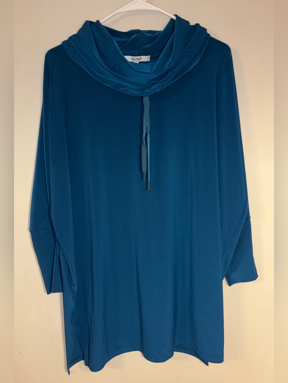 Sympli Teal Blue Cowl Neck Drawstring Fall Tunic Top Size 10 Made in Canada